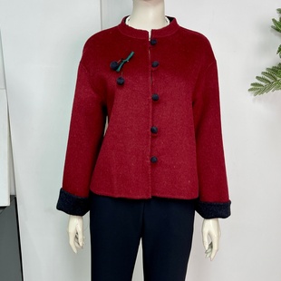 妈妈装秋冬红色新中式双面羊绒短款大衣女2026春秋新款羊毛呢外套