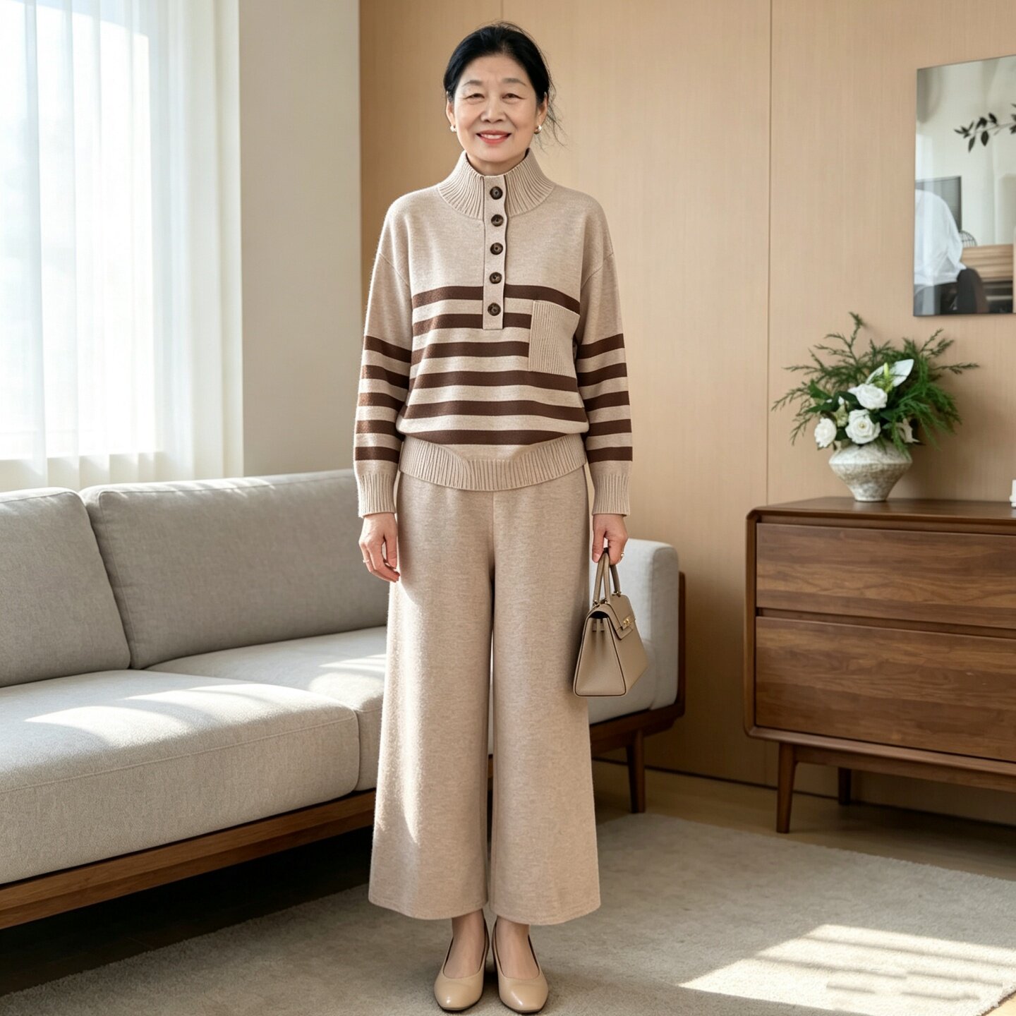时尚休闲妈妈装半高领针织套装女