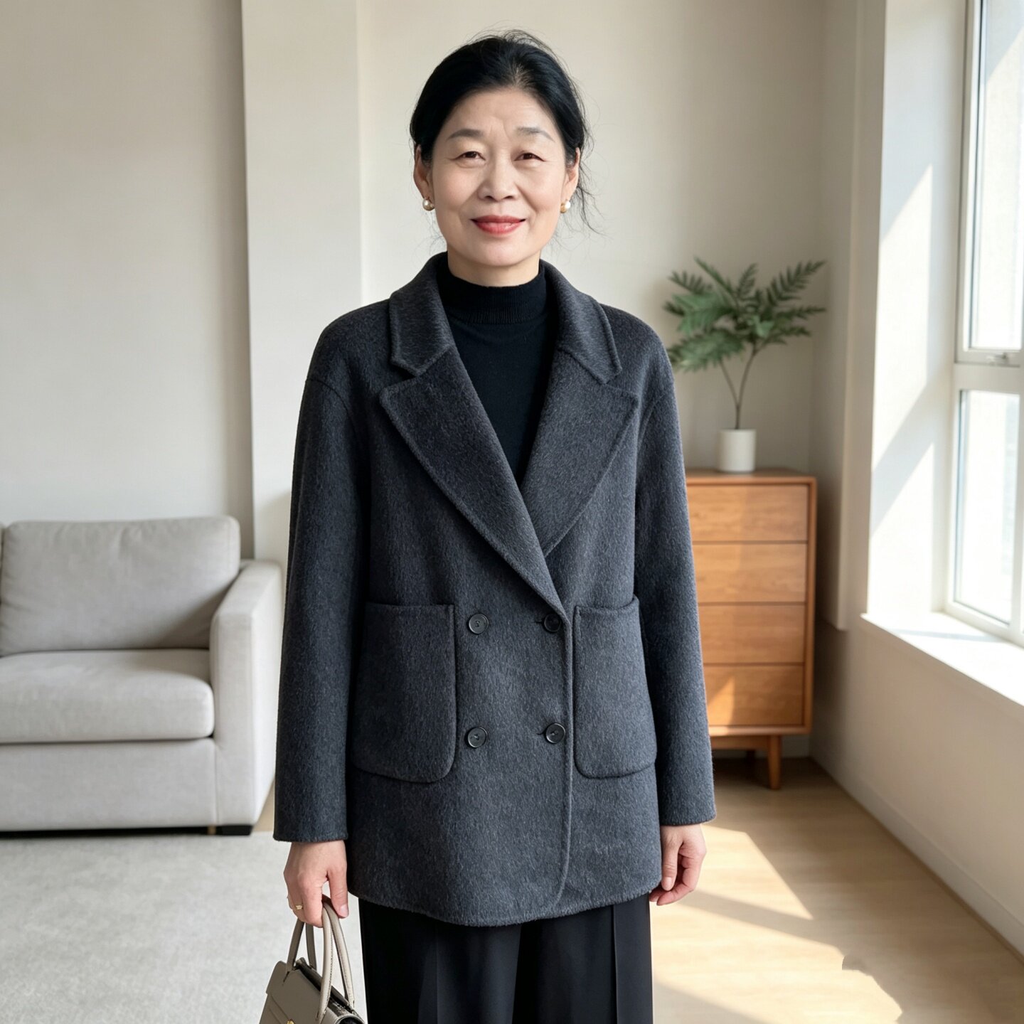 秋冬西装领双面呢大衣外套中老年