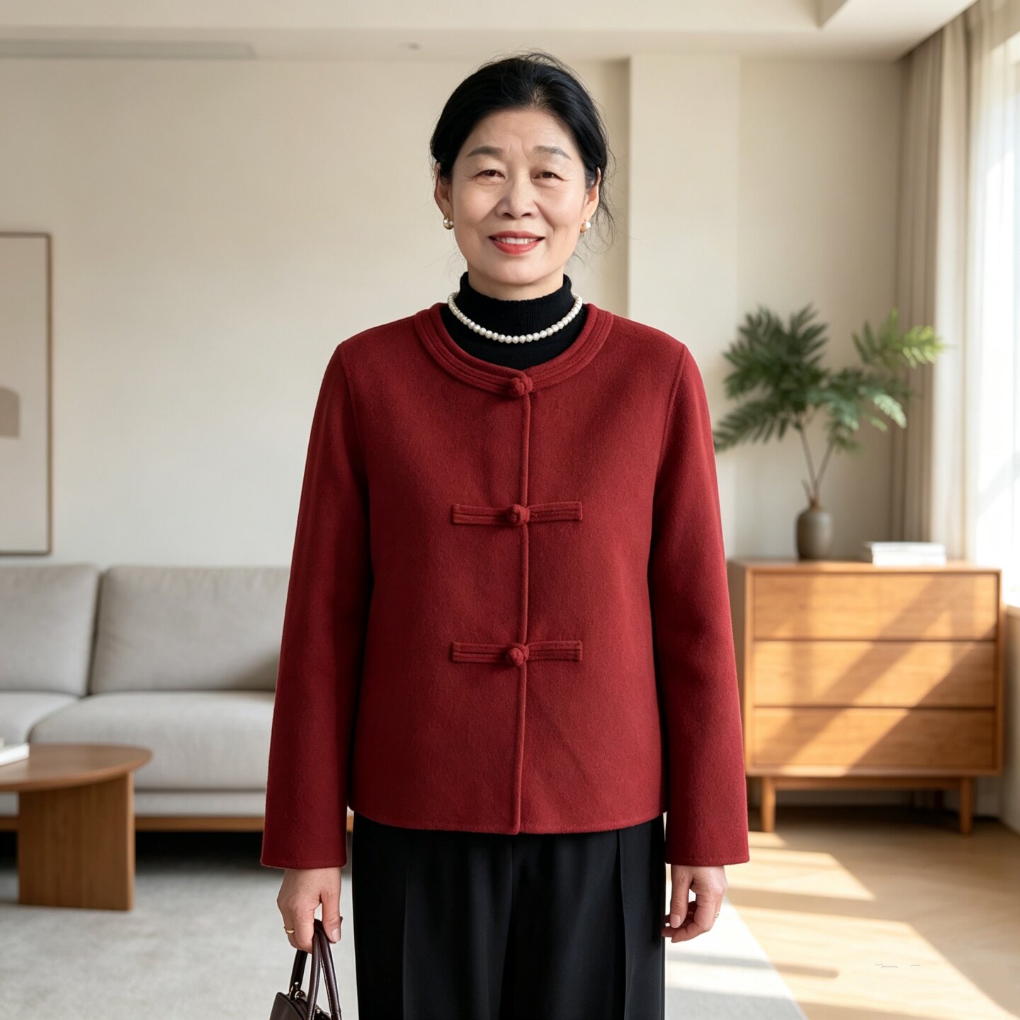中年妈妈国风红色双面羊毛呢外套