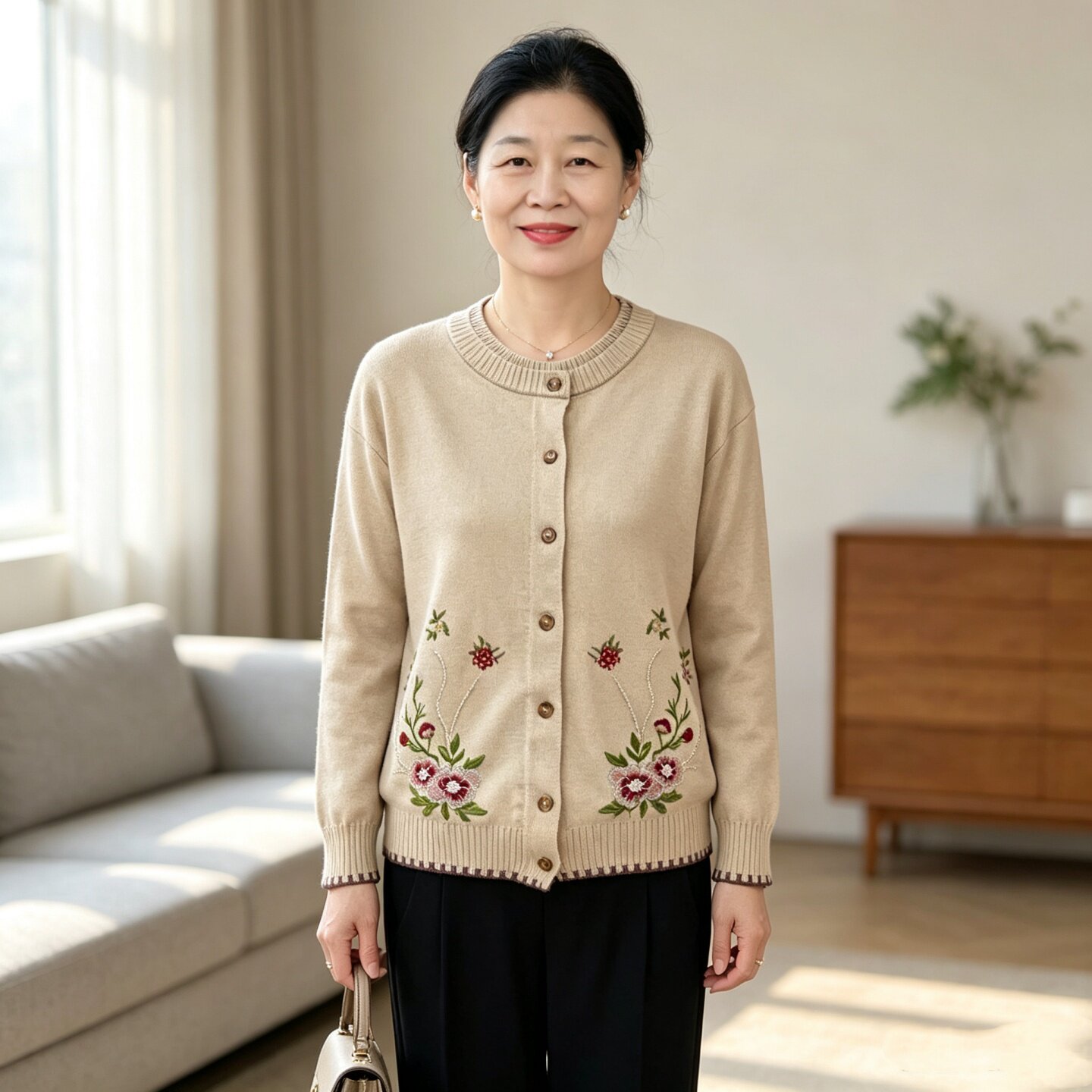 秋季新款刺绣妈妈装针织外套女短袖内搭中老年洋气印花开衫两件套