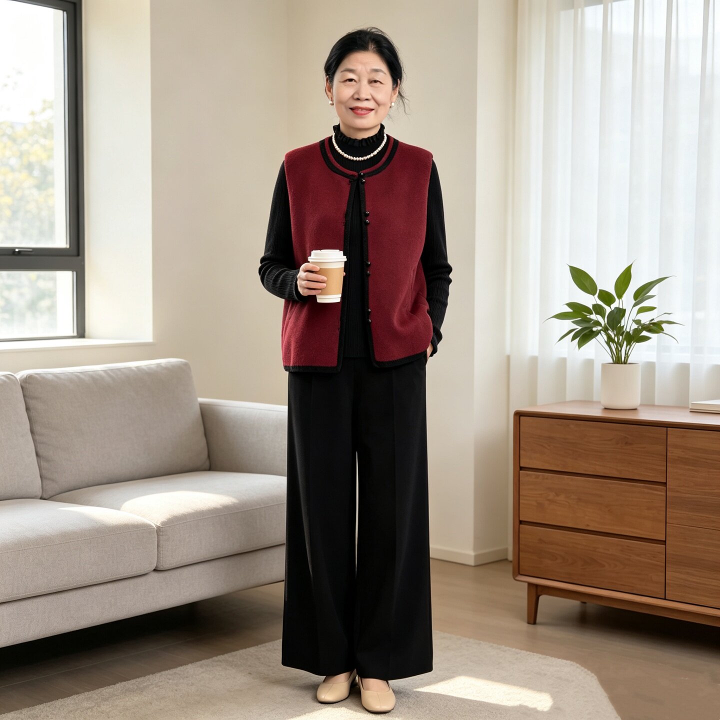 时尚妈妈马甲三件套女阔腿裤套装