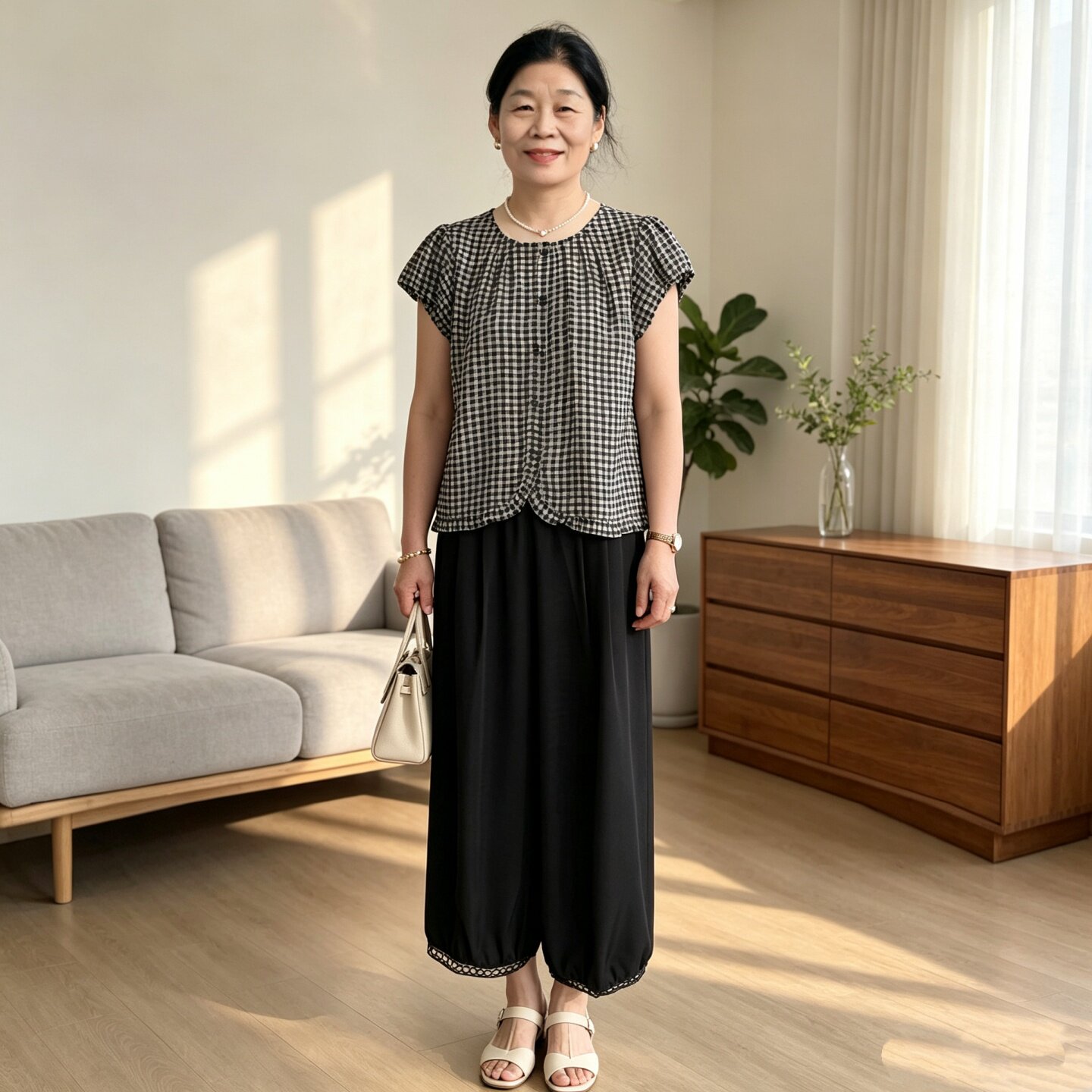 时尚格子衬衫夏季款套装女妈妈装