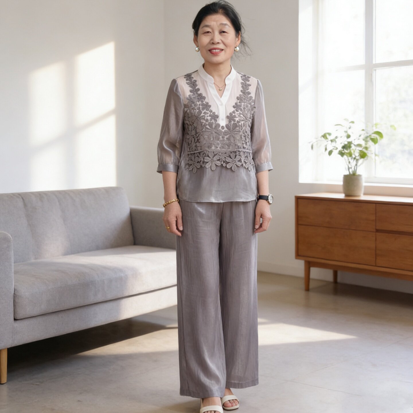 中年妈妈夏季时尚套装灰色两件套