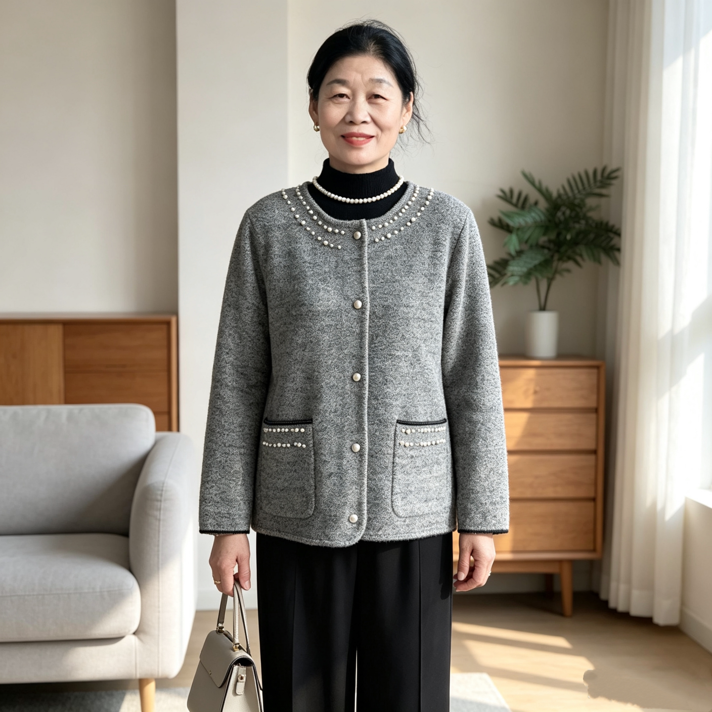中年妈妈小香风针织开衫毛呢外套