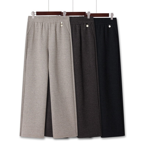 中老年女装松紧腰加绒宽松直筒裤