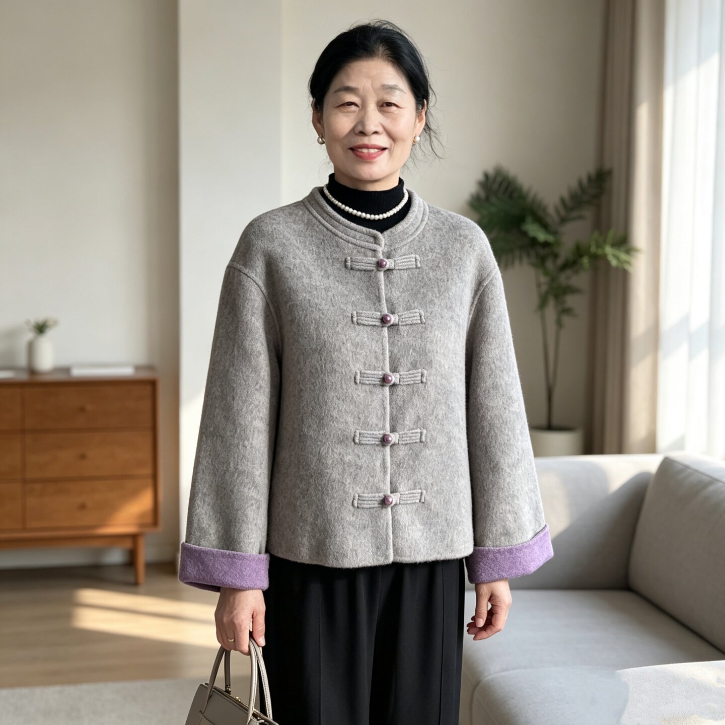 妈妈秋装国风盘扣羊毛双面尼外套