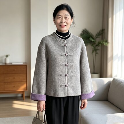 妈妈秋装新中式国风立领盘扣双面尼外套女中老年洋气短款羊毛大衣