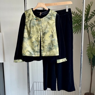 中年妈妈秋装国风套装2025新款新中式金丝绒马甲三件套中老年女装