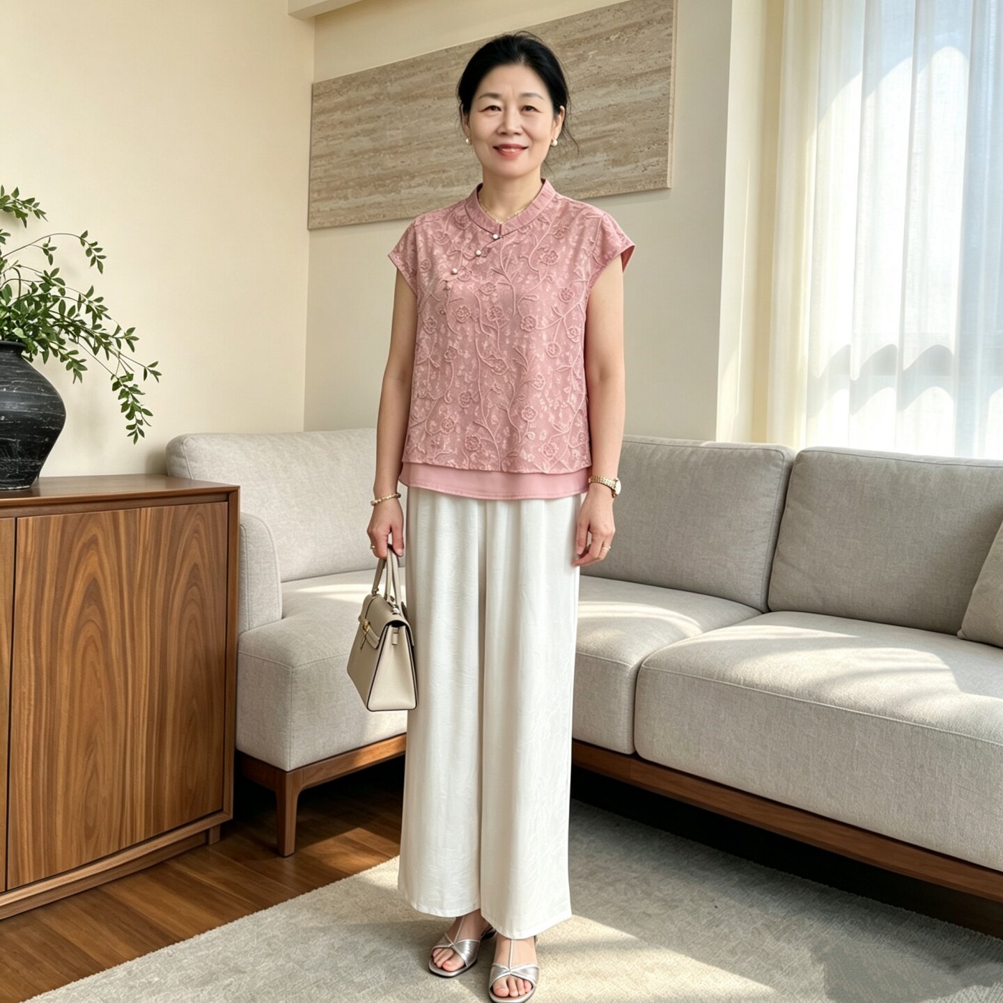 妈妈装新中式短袖小衫阔腿裤套装