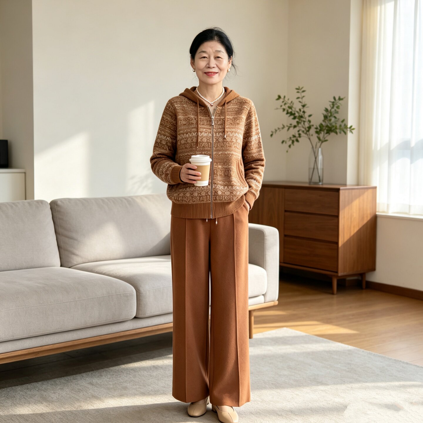 妈妈装连帽拉链针织开衫运动套装