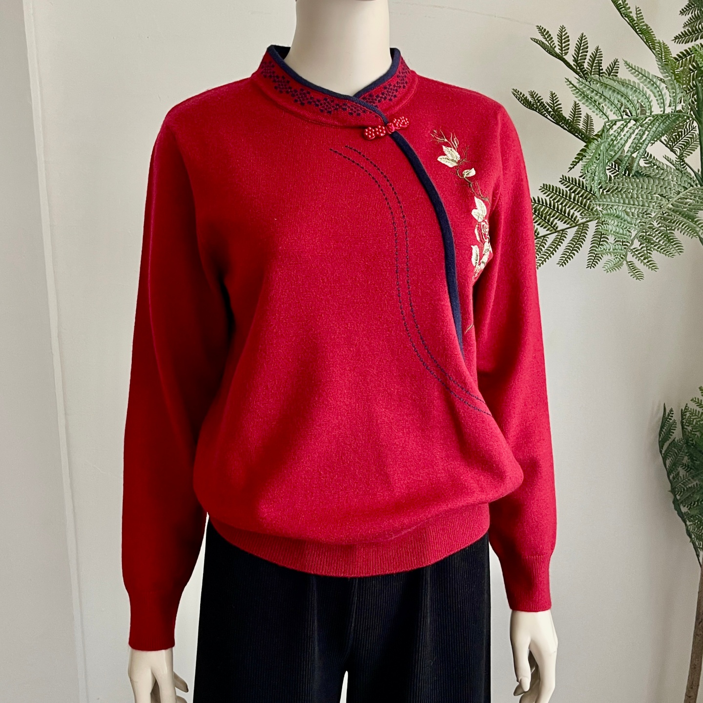 妈妈秋冬旗袍领打底衫针织上衣