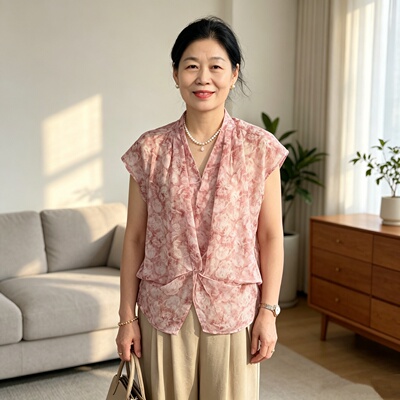 中年妈妈夏季套装v领遮肚两件套1