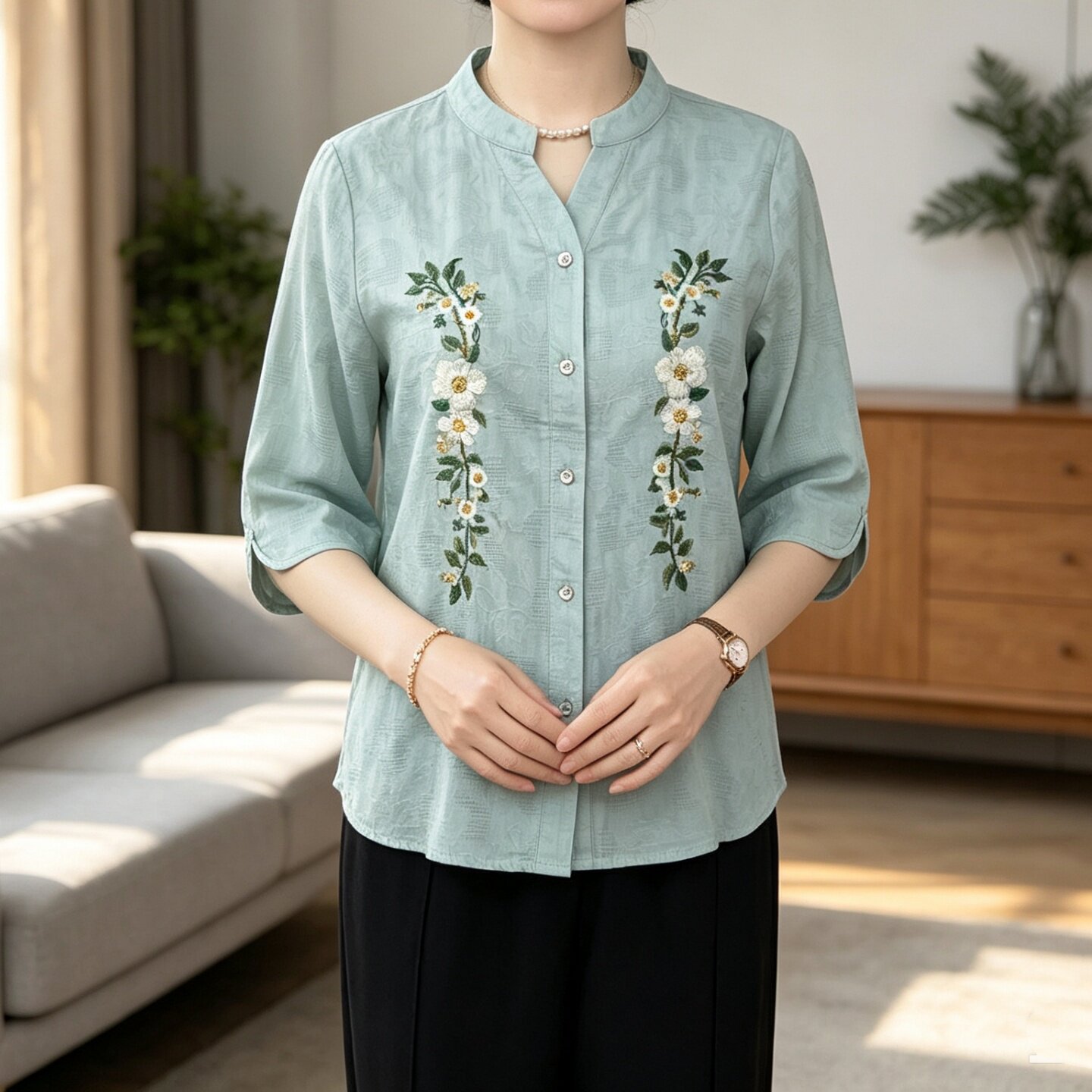中年妈妈夏装棉麻刺绣七分袖衬衫