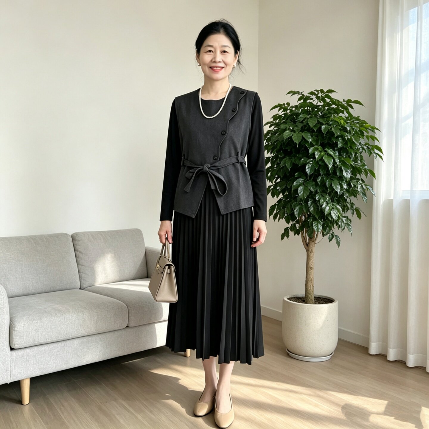 时尚洋气妈妈系带马甲百褶裙套装