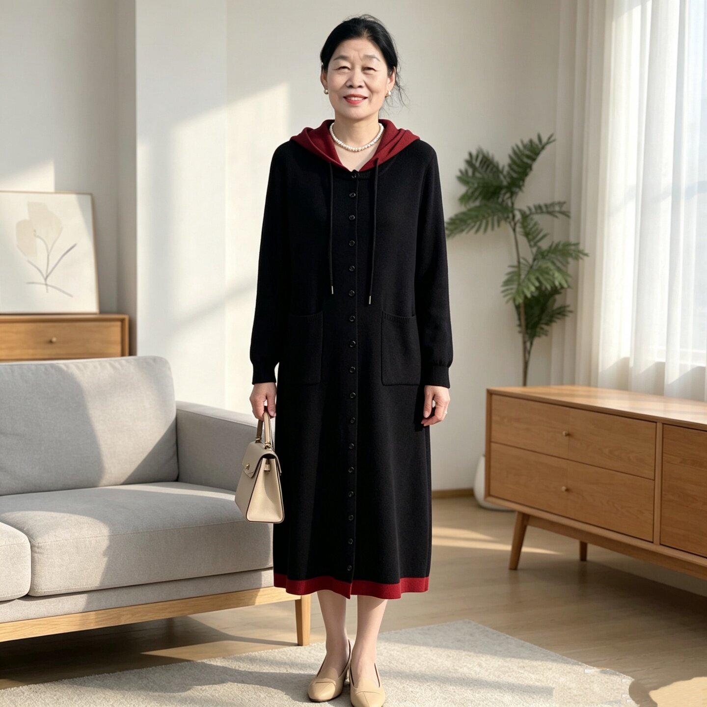 撞色休闲连帽针织连衣裙中老年女