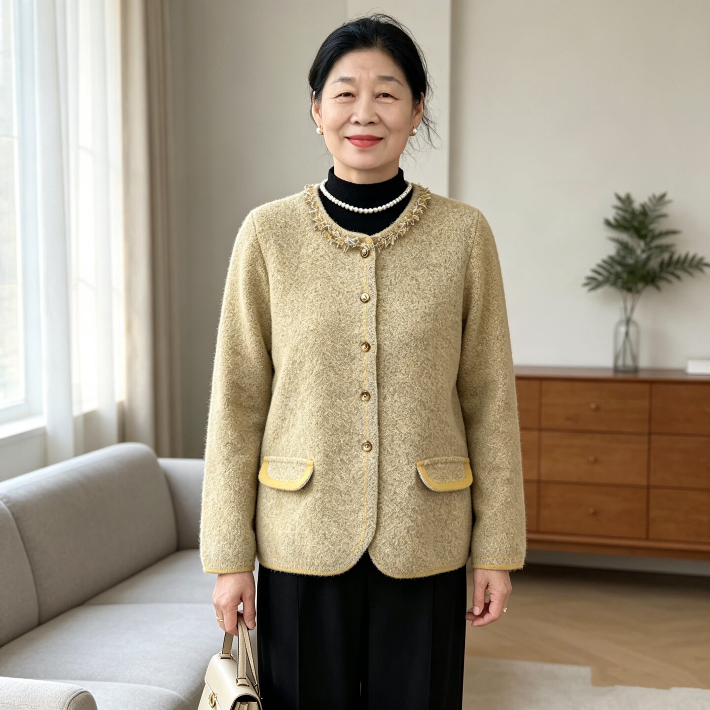妈妈装小香风毛呢外套女圆领开衫