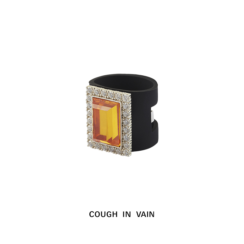COUGH IN VAIN Relaxing系列方形宝石镶钻可拆卸硅胶925银宽戒指