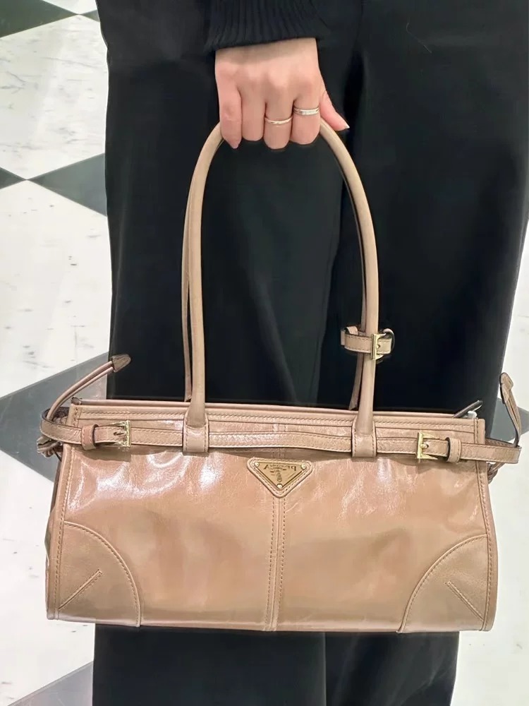 Leather handle, handheld underarm bag, capacious purse, custom-made