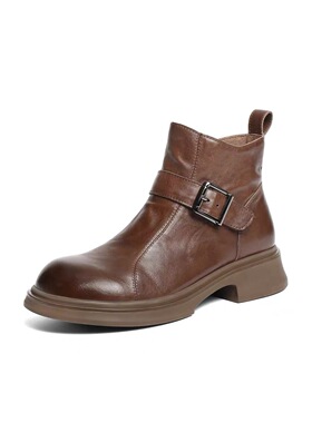 商场同款黑巧靴抓皱真皮时装靴加绒款粗跟黑色休闲短筒靴E8P1DDD5