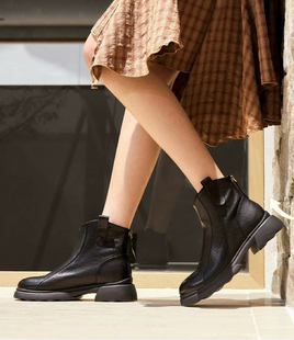 加绒显瘦厚底粗高跟短靴E5S1DDD5 超软羊皮靴新款 商场同款 复古时装