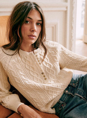 现货 法式小众23年秋冬复古学院风纯棉麻花半开纽扣领宽松毛衣女