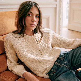 现货 法式小众23年秋冬复古学院风纯棉麻花半开纽扣领宽松毛衣女