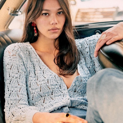 纯棉奶奶风V领钩花宽松针织外套