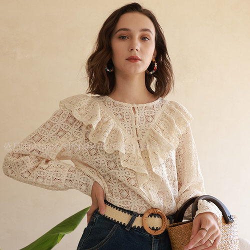 复古蕾丝花镂空荷叶边单排扣衬衫