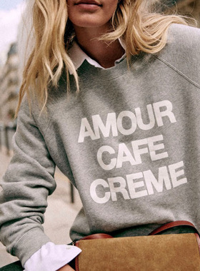 法式小众23年秋冬字母法语印花纯棉灰色卫衣圆领长袖宽松套头上衣