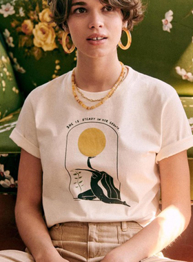 21年夏天法式小众艺术插画黑妞托日印花做旧纯棉直筒短袖T恤上衣