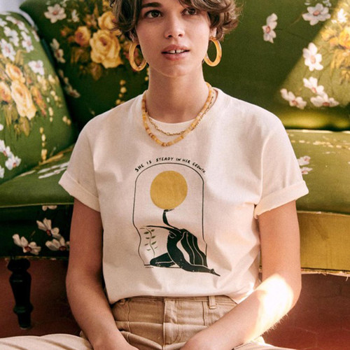 插画印花做旧棉直筒短袖T恤上衣