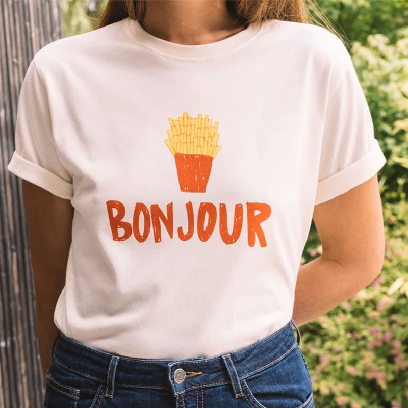法式小众 23年夏季复古纯棉薯条字母印花可爱有趣短袖宽松T恤上衣