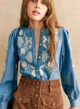 现货23年秋冬吉普赛风纯棉牛仔精致刺绣花卉纽扣直筒长袖法式衬衫