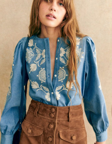 棉牛仔刺绣花卉直筒长袖法式衬衫