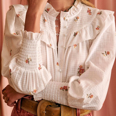 宫廷风立领刺绣直筒纯棉气质衬衫