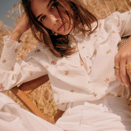 复古纯棉木耳立领刺绣宽松衬衫女