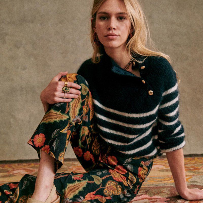 复古海魂衫马海毛条纹不对称毛衣