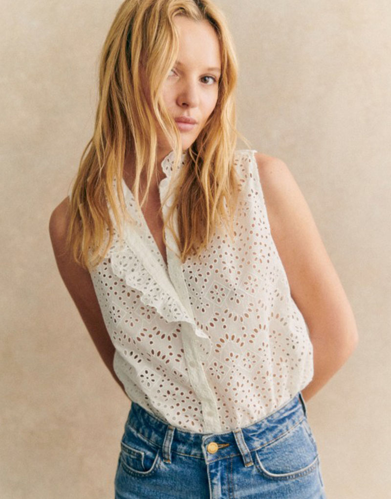 纯棉不对称花瓣门襟立领无袖衬衫