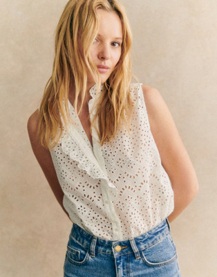 纯棉不对称花瓣门襟立领无袖衬衫