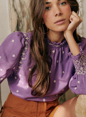 法式小众23年春夏民族风香芋紫刺绣花亚麻棉木耳立领长袖衬衫上衣