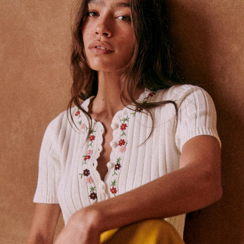 手工刺绣花瓣边纯棉短袖针织衫女