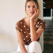 小众麻棉复古气质波点印花圆领短袖 现货 2021年夏天法式 宽松T恤女