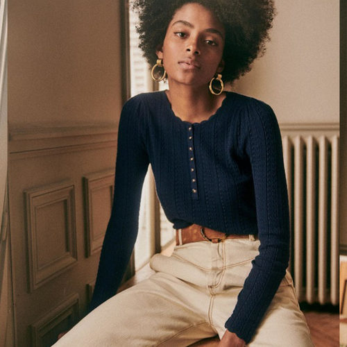 花瓣领纽扣领修身长袖针织衫上衣