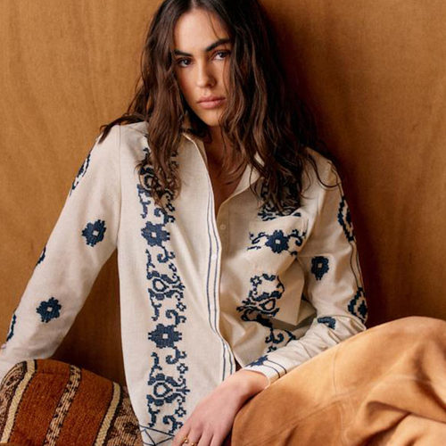 民族风刺绣棉麻法式翻领衬衫上衣