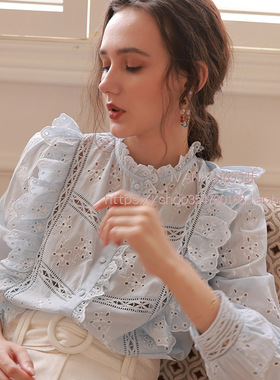 法式小众22年复古超重工刺绣拼接花边荷叶边淡蓝纯棉长袖衬衫上衣