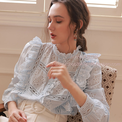 复古刺绣拼接荷叶边纯棉长袖衬衫