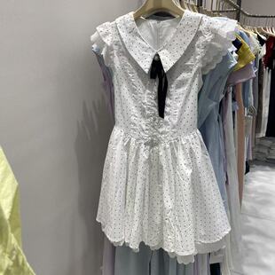 法式温柔黑色波点蝴蝶结连衣裙女学生韩版显瘦夏季新款小飞袖短裙