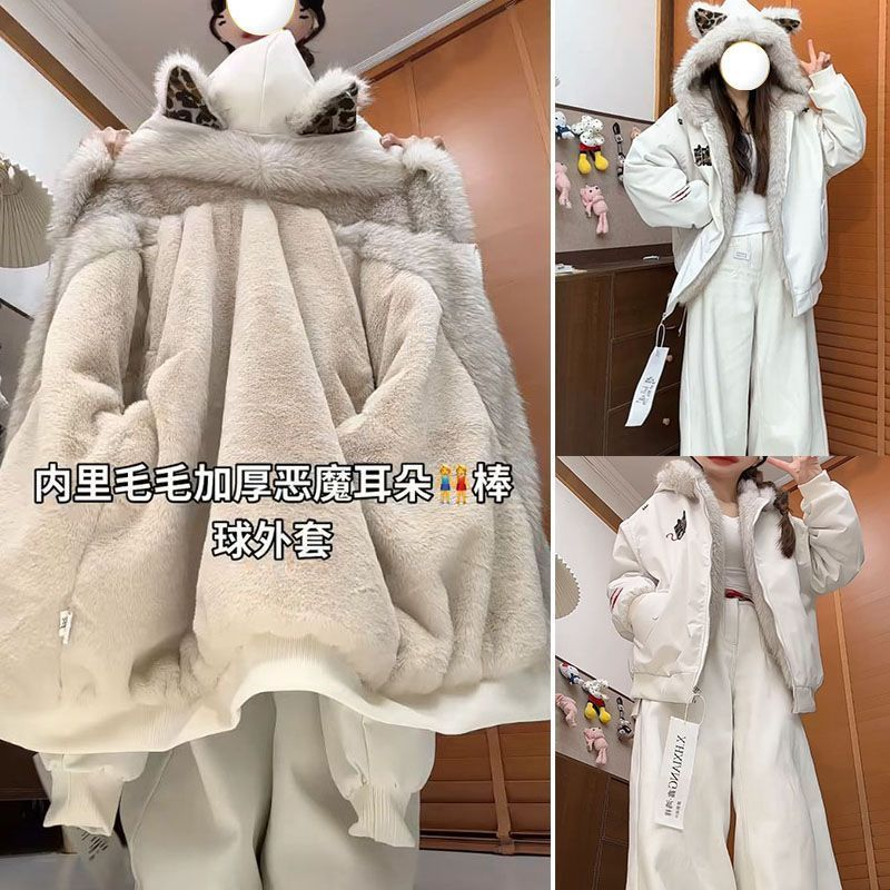 ins美式复古恶魔加绒加厚外套女学生韩版宽松冬季新款保暖棉衣服