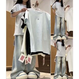 ins美式复古毛巾绣满天星镶钻短袖女学生韩版宽松夏季新款T恤上衣